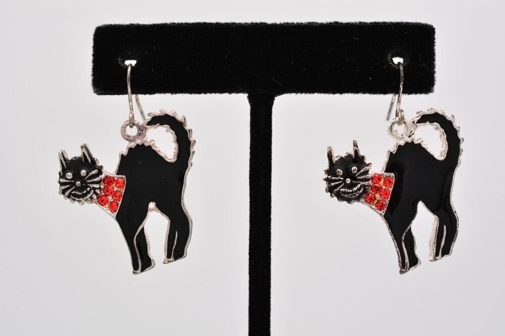 Vintage Black Cat Earrings Halloween Orange Rhinestone Crystal 1990s BinAZ
